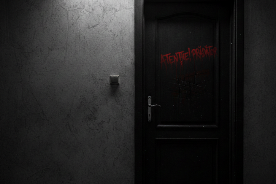 O ușă neagră de cabinet închisă pe care scrie cu roșu ATENȚIE PRĂDĂTOR, simbolizând abuzul în psihoterapie